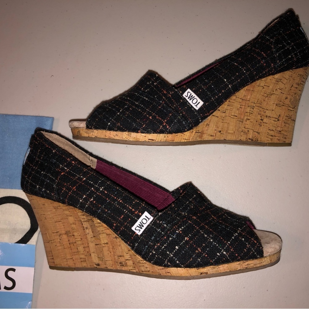 TOMS Tweed Black Peep Toe Wedges
